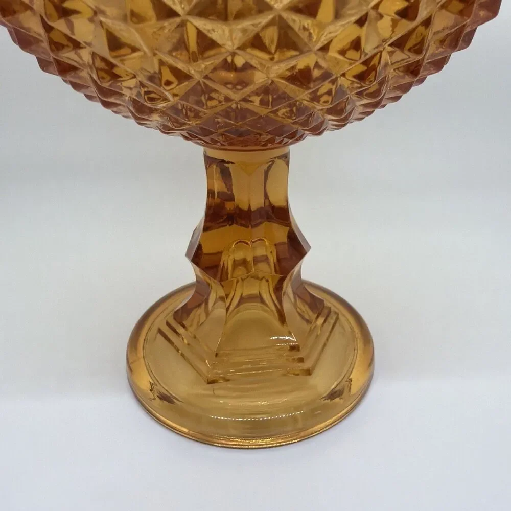 Westmoreland Diamond Point Amber Glass Lidded Pedestal Compote Bowl w/ Lid